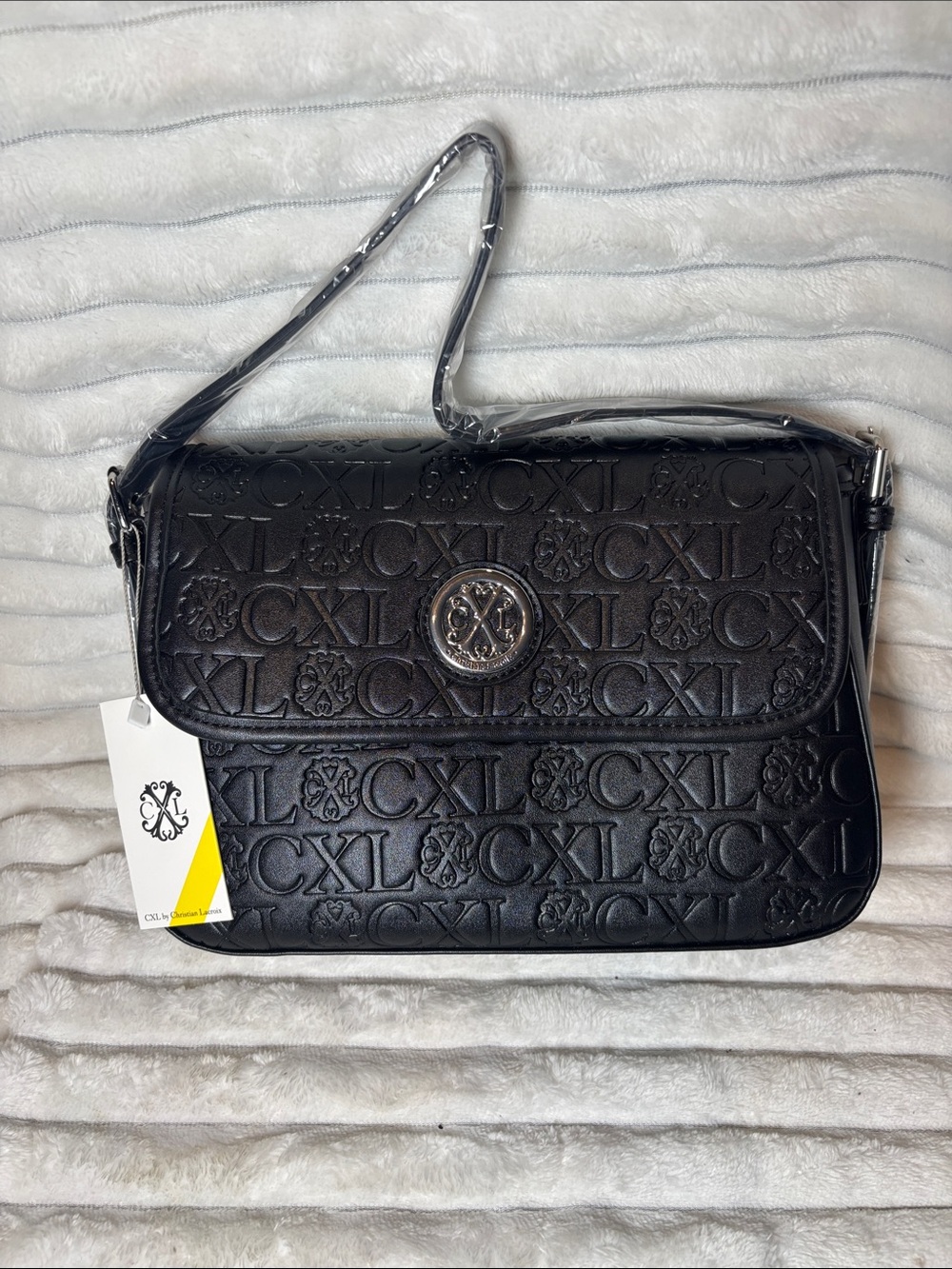 CXL Christain Lacroix Embossed Black Shoulder Bag with Logo Medallion NWT